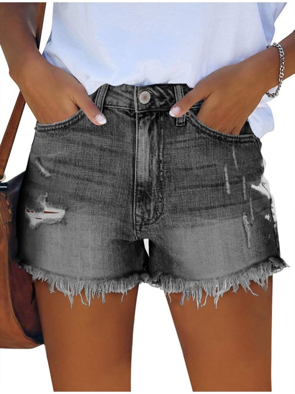 Women's Light gray High Waisted Denim Stretchy Ripped with Pocket Jean Shorts